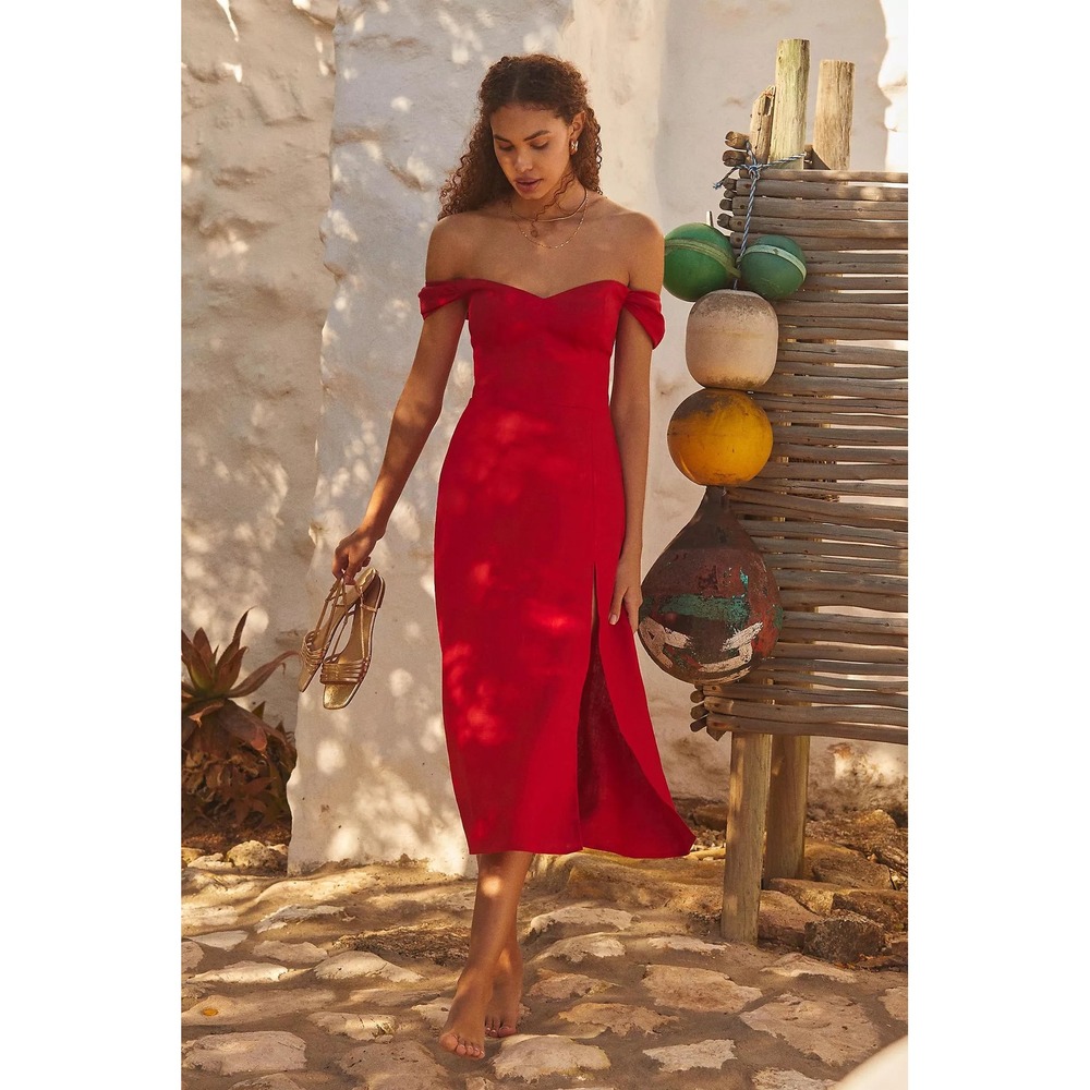 Reformation Bridgton Red Linen Midi Dress Sweetheart Off Shoulder Slit Size 4